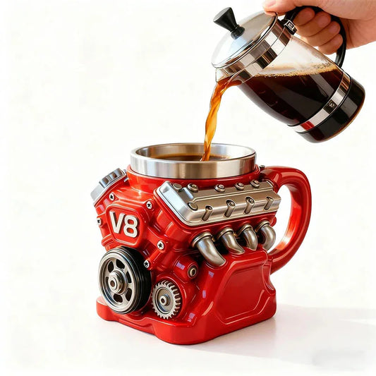 Engine-Themed Coffee Mug, Realistic V8 Engine Stainless Steel Mug