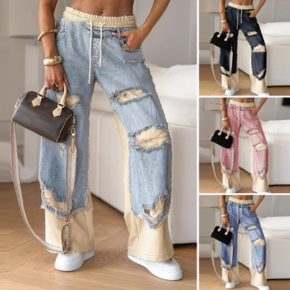 Patchwork-Denim-Elastic-Kordelzug-Hose mit weitem Bein